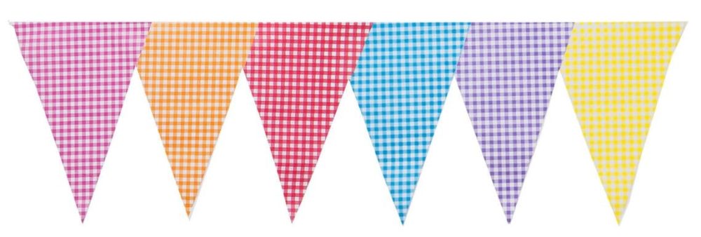 10 Metre Coloured Gingham Bunting with 20 Triangle Pennant Flags Vintage Hanging Garland Banner Kids Party Fete Fair Event Decoration Multi Colour 32ft