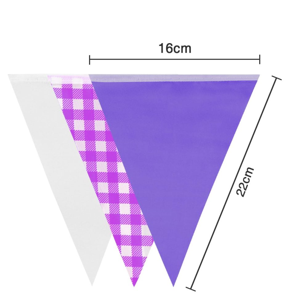 20m 52pcs Purple White Plaid Pennant Bunting,16×22cm Polyester Fabric Reusable Triangle Flags Banner for Indoor Outdoor Birthday Kid Party Decorations - Image 5