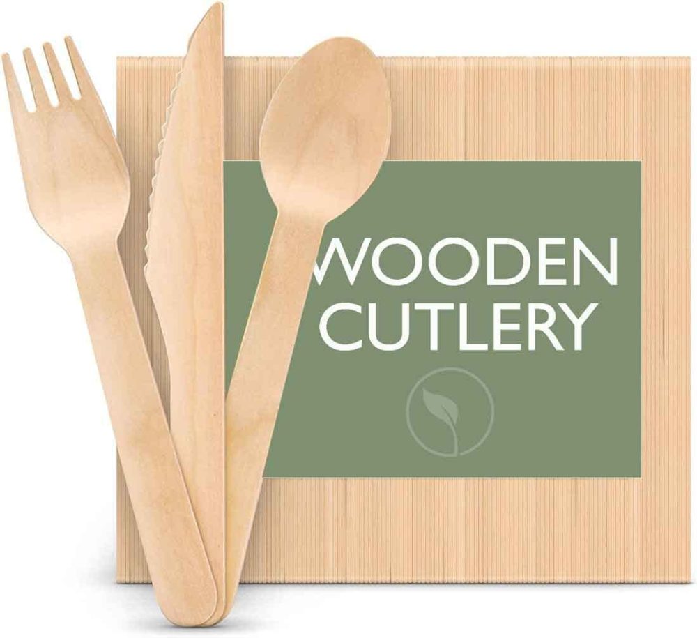 Premium Wooden Disposable 300pcs Cutlery Set Eco Friendly 100 Knives 100 Forks 100 Spoons Perfect for Parties Picnics Office