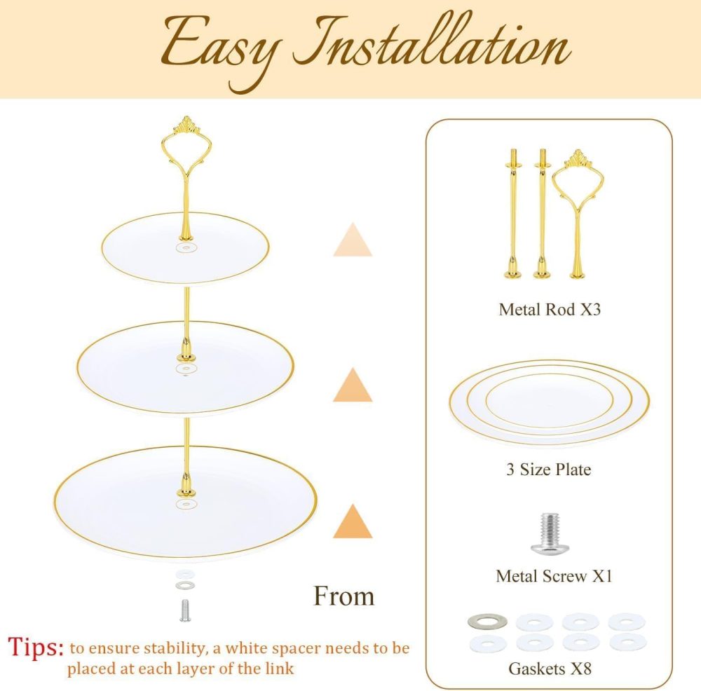 Junw 8PCS Cake Stand Set, Plastic Cupcake Stands with Gold Rim, Dessert Display Stands Set for Wedding Birthday Party Baby ShowerTea Party - Image 5