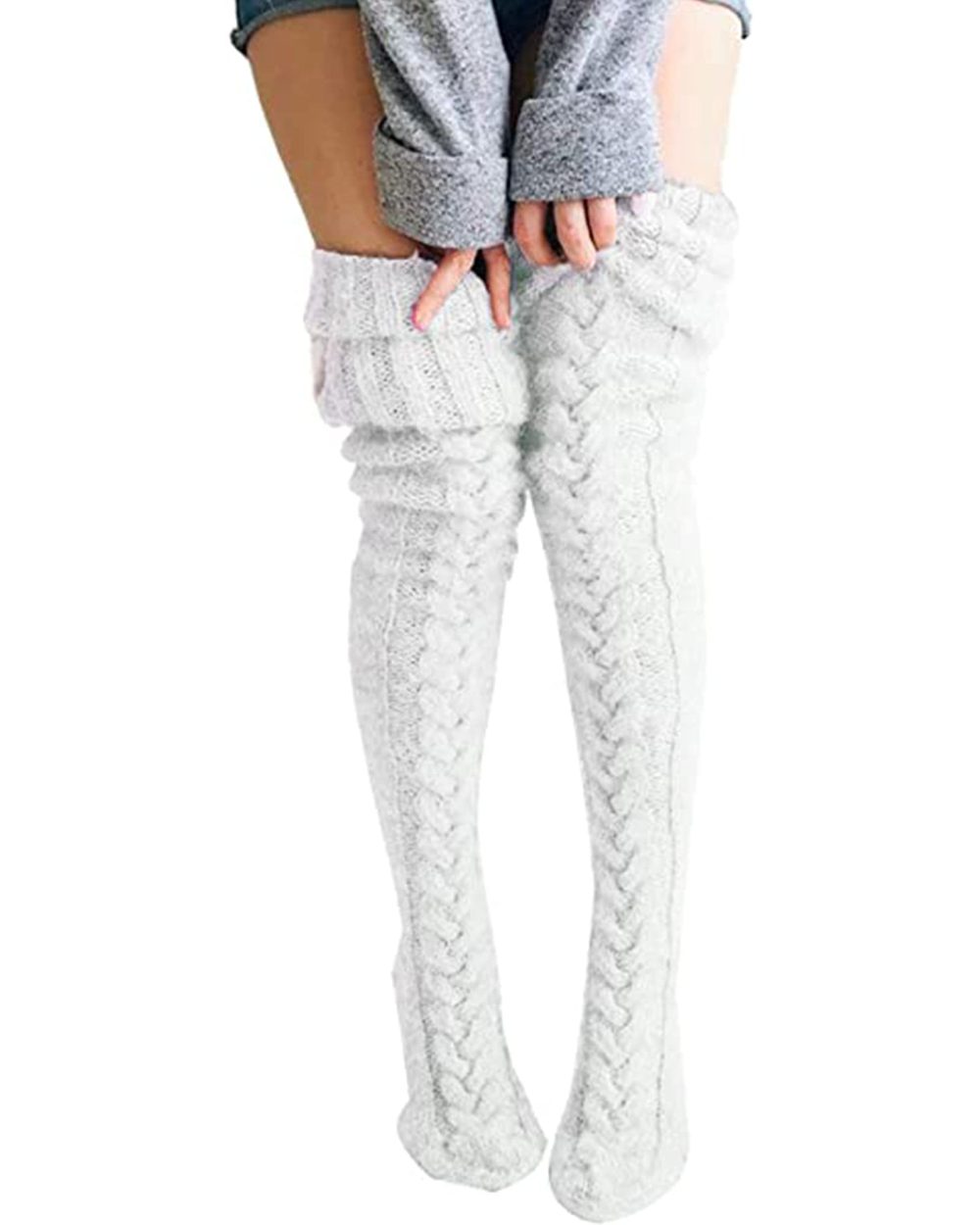 Acrawnni Womens Girls Winter Cable Knit Over Knee Socks Thigh High Long Boot Socks Stocking Leg Warmer B-Creamy-White