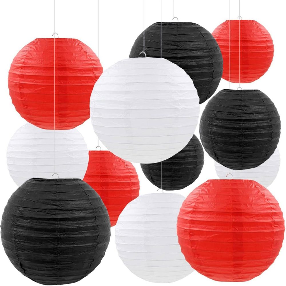 12pcs Black Red White Paper Lanterns,Round Hanging Paper Lampshade,Birthday,Baby Shower,Wedding,Party,Ceiling Decoration（4" 6" 8" 10" ）