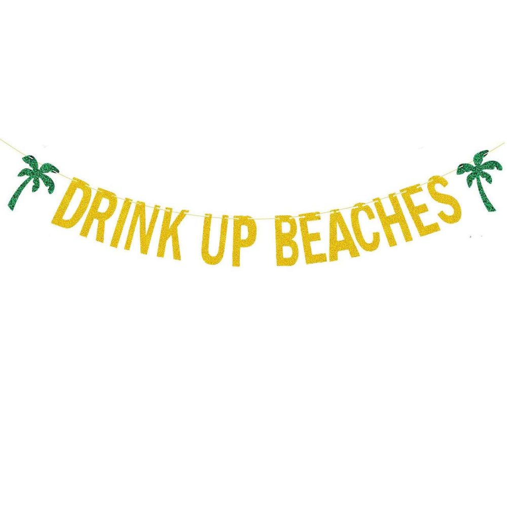 Dusenly Drink Up Beaches Coconut Tree Banner Gold Glitter Hawaii Luau Summer Beach Party Bunting Garland Decorations