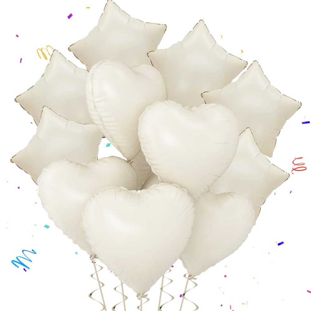 Cream White Star Heart Balloons - 12 Pieces Sand White Foil Balloons 18 Inch Cream Heart Foil Balloons 18 Inch Star Foil Balloons Helium Balloon for Valentine's Day Wedding Birthday Party Decorations