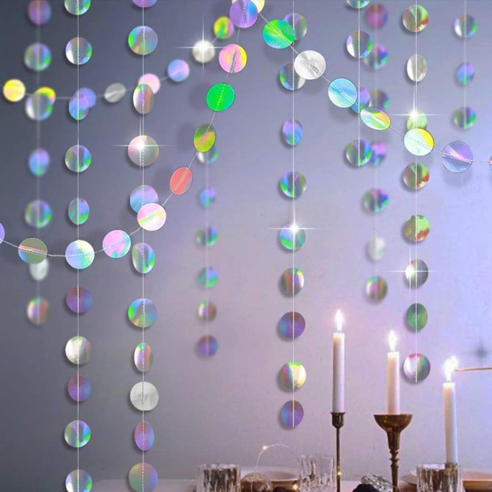 52Ft Iridescent Circle Dot Streamer Garland Decoration,Rainbow Twinkle Paper Banner Backdrop for Party Decoration