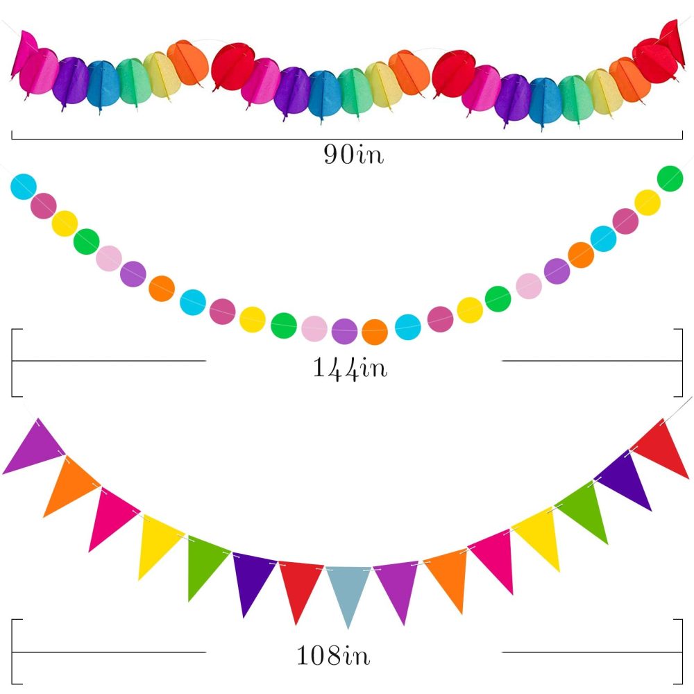 Huryfox Fiesta Party Decorations - 33pcs Colorful Mexican Themed Hanging Paper Fans, Rainbow Paper Pom Poms, Fiesta Bunting and Tissue Paper Streamers for Birthday, Festival, and Rainbow Parties - Image 7