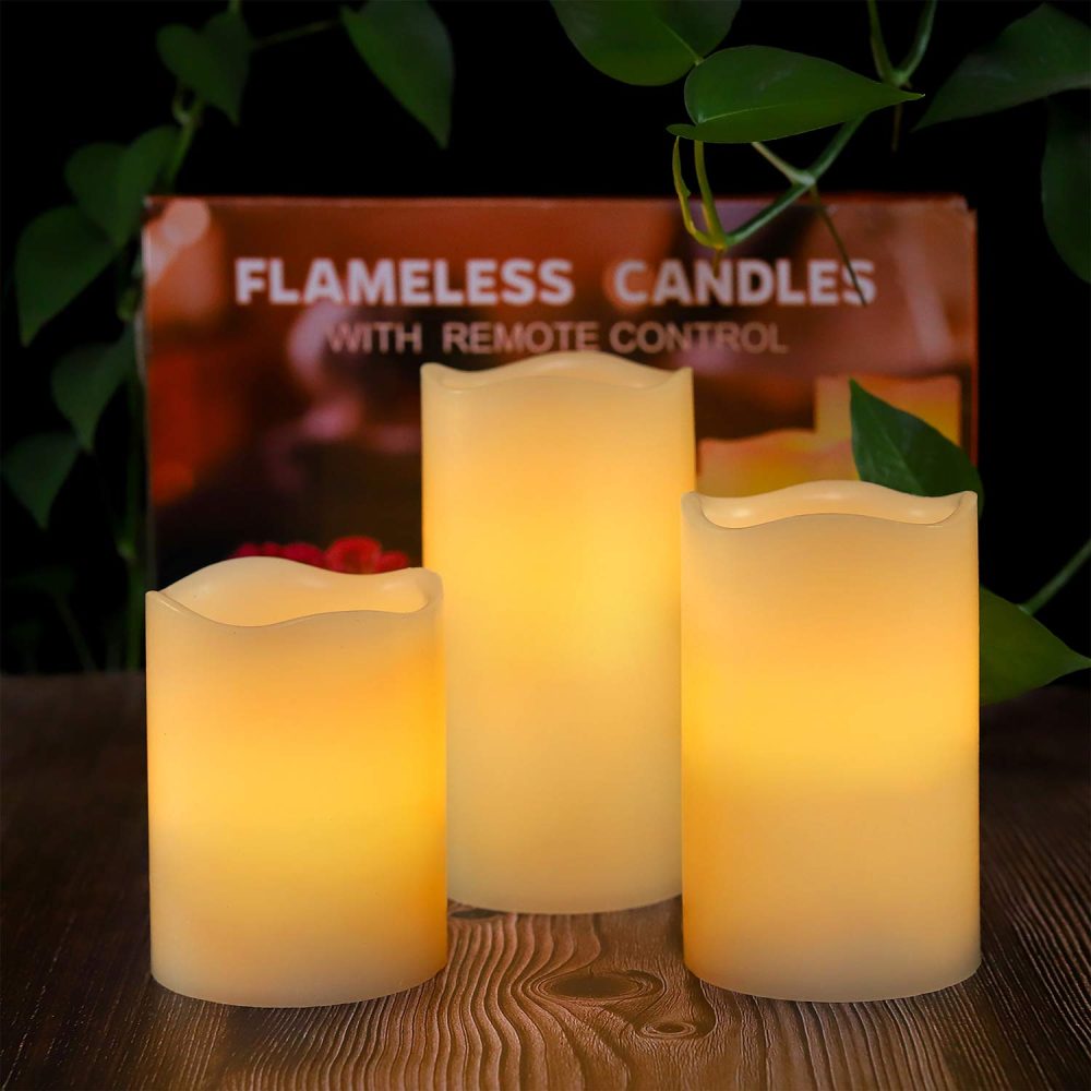 Flameless Battery Operated LED Candles:Real Wax Pillar with Remote Control Flickering Electric Fake Lights for Decoration Christmas Wedding Birthday Party Outdoor Votive Diwali Garden(Set of 3 Ivory) - Image 5