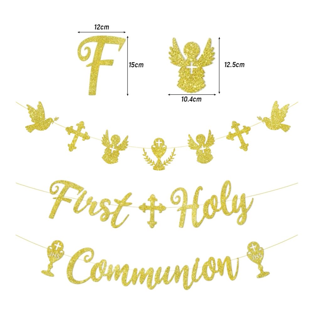 3 First Holy Communion Decorations banner,Confirmation Banners Baptism Decoration Christening for Boys Girls Bunting Gifts,Personalised Gold Frist Communion Paper Banne,for Balloons Cake Party Decor - Image 7