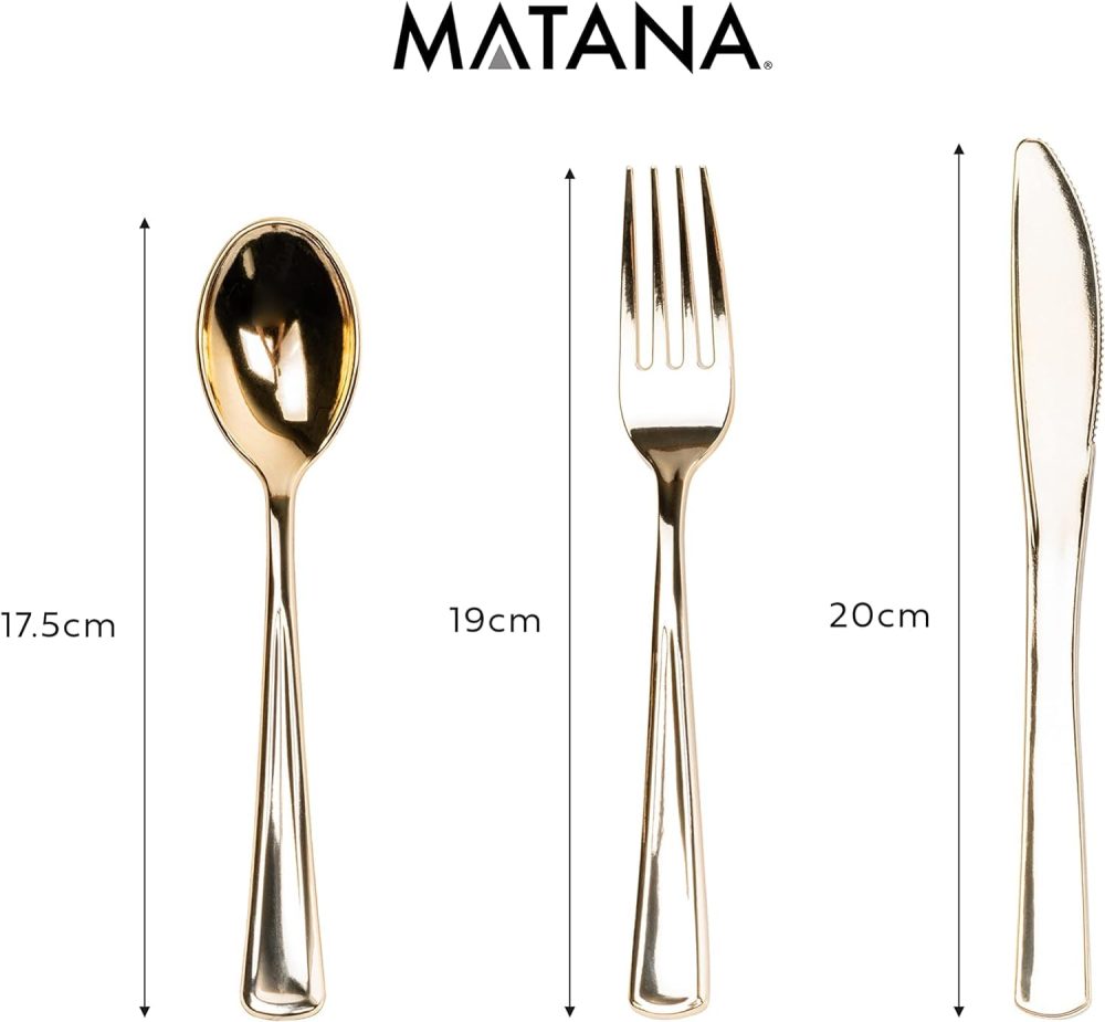 MATANA - 180 Elegant Gold Plastic Cutlery Set - 60 Knives, 60 Forks, 60 Spoons - Hand Washable, Reusable & Heavy Duty Tableware for Weddings, Birthday, Parties & Events - Image 3