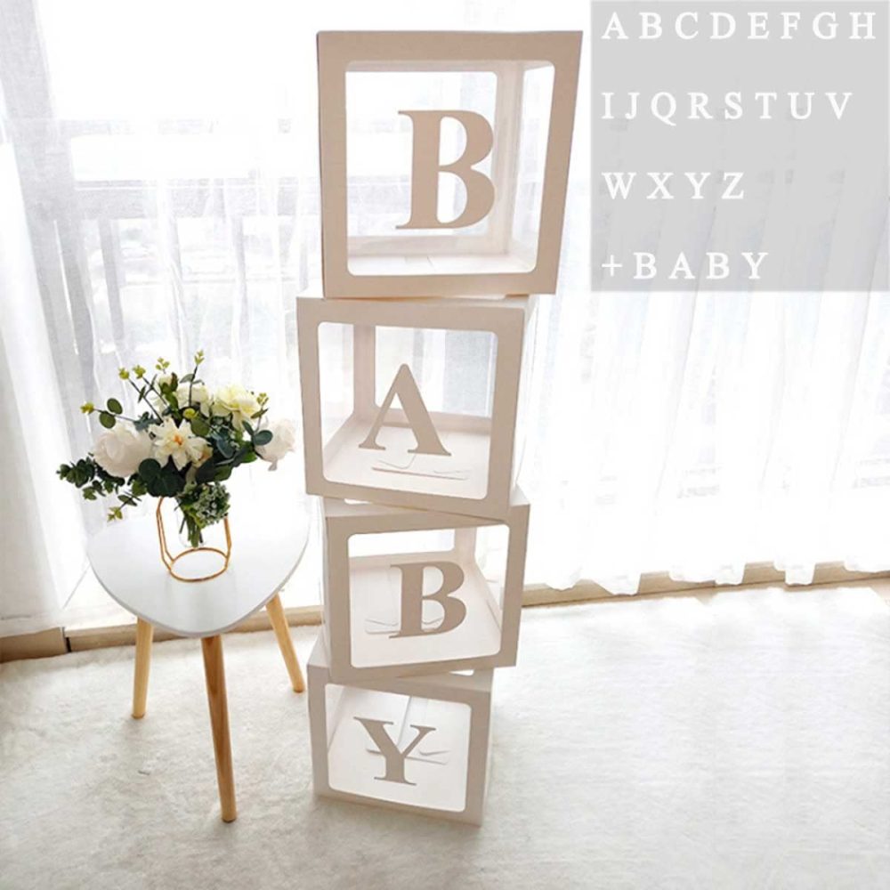 Baby Shower Decorations Boxes for Boys Girls, 4Pcs White Transparent Balloon Boxes with 30 Letters, Baby+A-Z for Custom Name, Birthday Party Decor, Gender Reveal Decorative Blocks