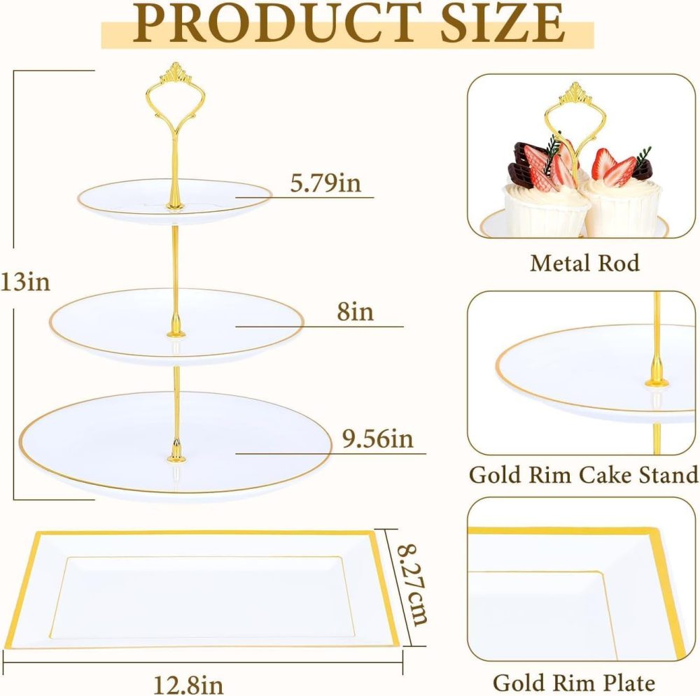 Junw 8PCS Cake Stand Set, Plastic Cupcake Stands with Gold Rim, Dessert Display Stands Set for Wedding Birthday Party Baby ShowerTea Party - Image 3