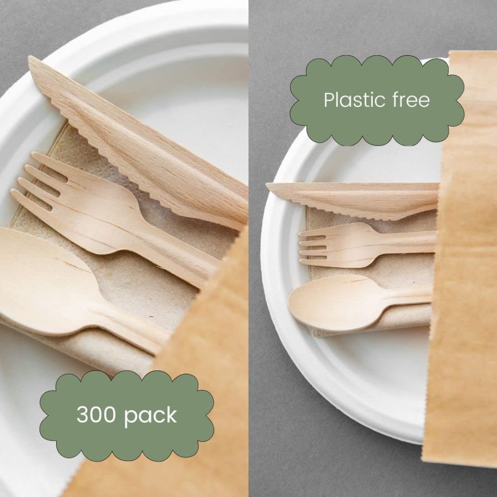 Premium Wooden Disposable 300pcs Cutlery Set Eco Friendly 100 Knives 100 Forks 100 Spoons Perfect for Parties Picnics Office - Image 2