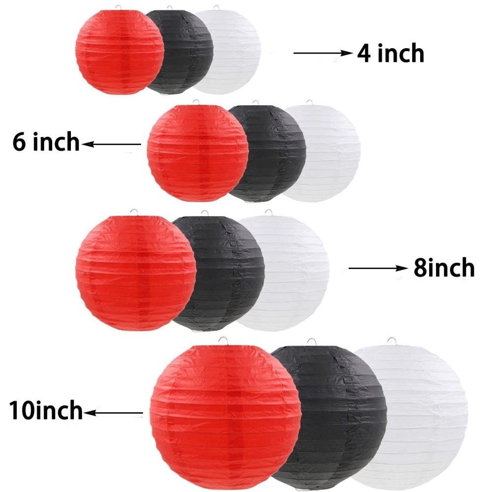 12pcs Black Red White Paper Lanterns,Round Hanging Paper Lampshade,Birthday,Baby Shower,Wedding,Party,Ceiling Decoration（4" 6" 8" 10" ） - Image 3