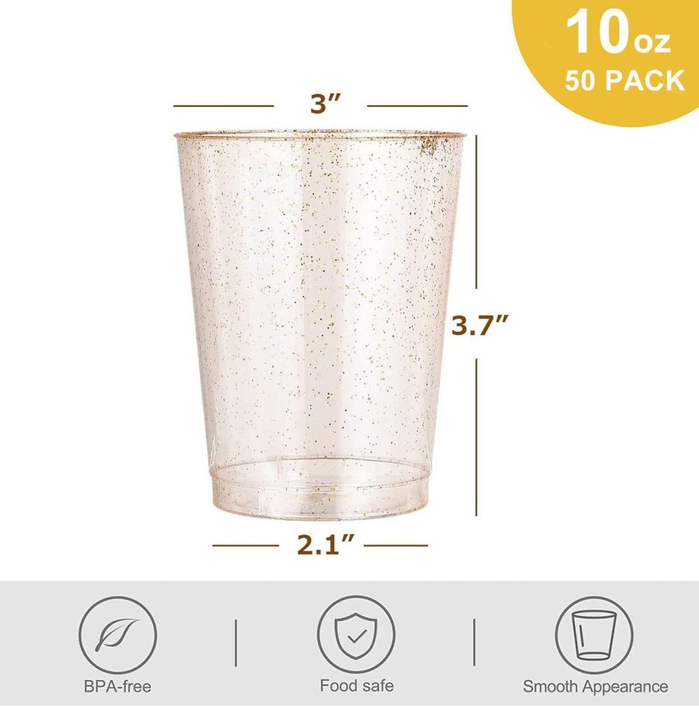 Gikisla 50pcs Gold Plastic Cups, 300ml Hard Gold Plastic Tumblers for Cocktail and Drinking, Reusable Clear Drink Cups for Fancy Wedding, Thanksgiving, Christmas - Image 2