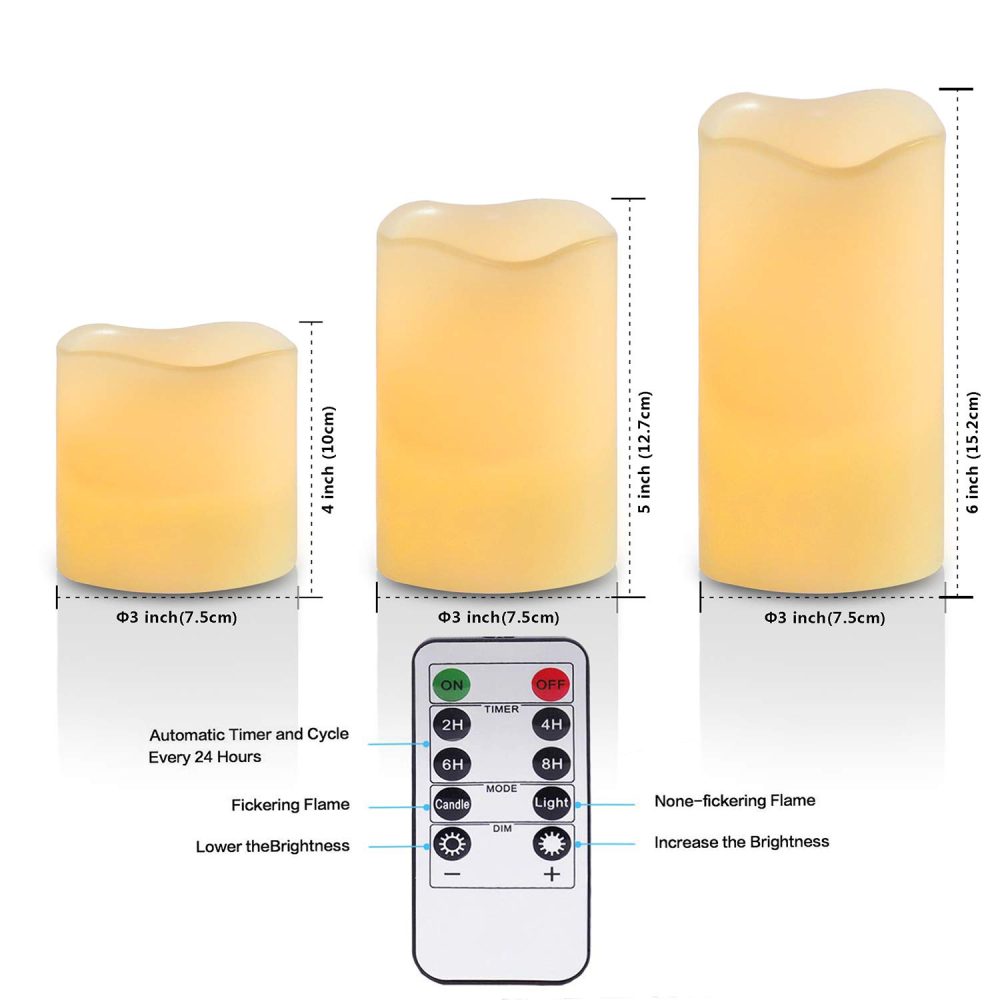 Flameless Battery Operated LED Candles:Real Wax Pillar with Remote Control Flickering Electric Fake Lights for Decoration Christmas Wedding Birthday Party Outdoor Votive Diwali Garden(Set of 3 Ivory) - Image 7