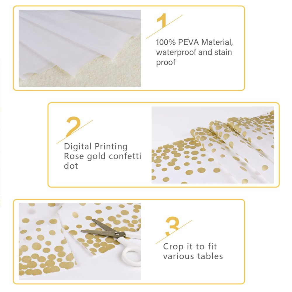 MOKANI Plastic Disposable Tablecloths, 4 Pack Party Table Cover, White and Gold Dot Confetti Rectangular Table Cloths for Parties, Picnic, Christmas, Birthday Baby Shower Decorations 54" x 108" - Image 5