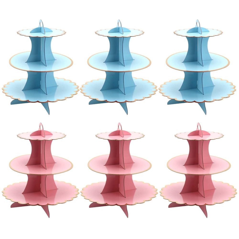 HEIHAK 6 Pack 3 Tier Cardboard Cupcake Stand, Pink and Blue Round Dessert Tower Cupcake Holder for Afternoon Tea, Birthday and Wedding