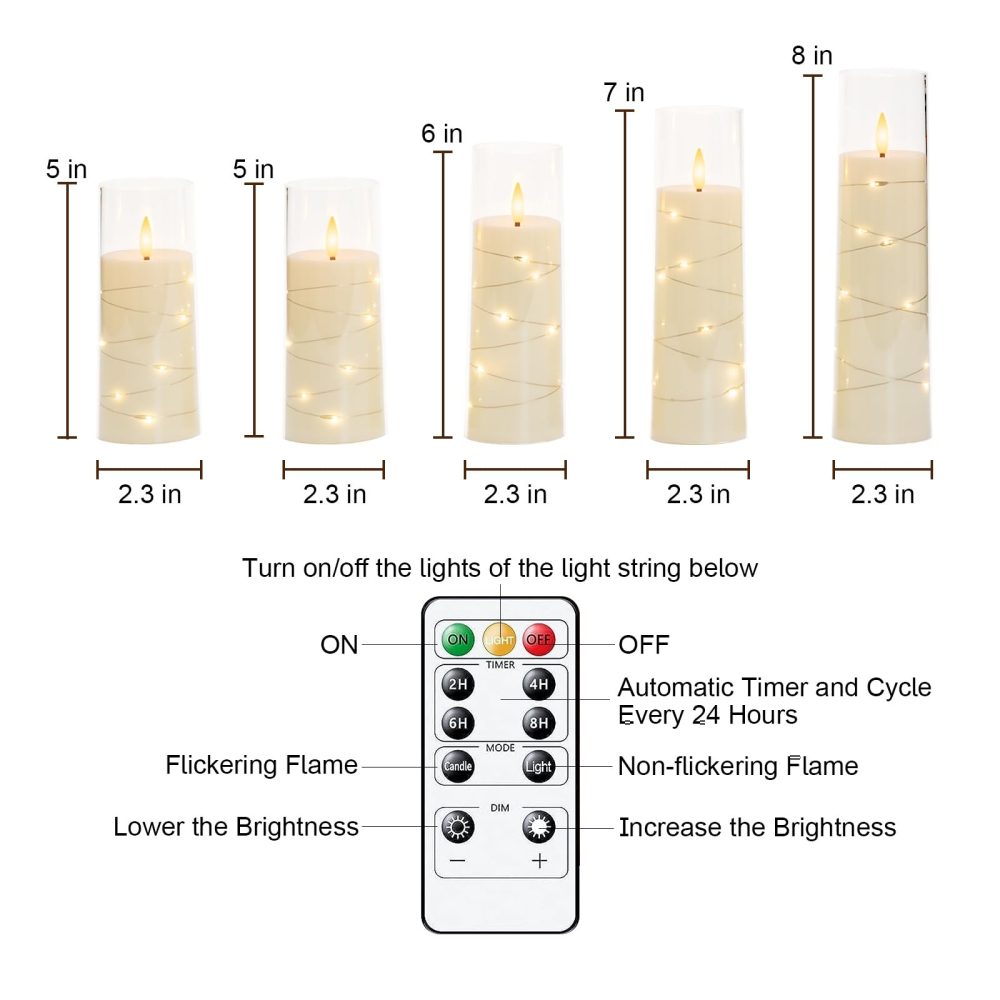 Homemory Flickering Flameless Candles with String Lights, Battery Operated Candles with Remote Control and Timer, Embedded Fairy Lights LED Candles, Acrylic, Home Decoration, White, Set of 5 - Image 3