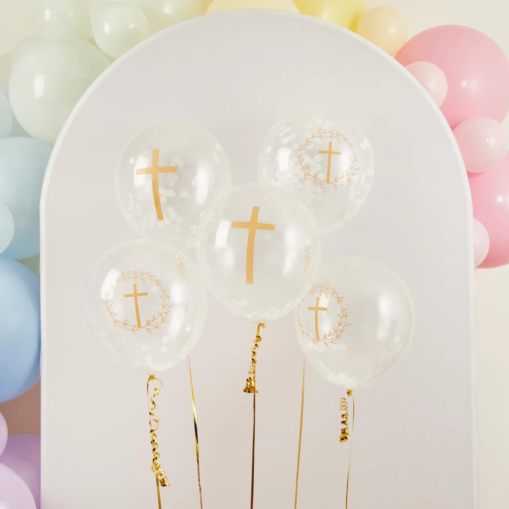 Christening Cross Confetti Filled Latex 12" Balloons Communion 5 Pack - Image 2