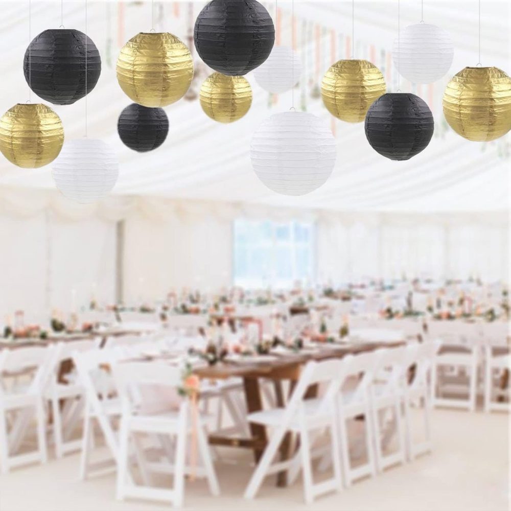 12pcs Black Gold White Paper Lanterns,Round Hanging Paper Lampshade,Birthday,Baby Shower,Wedding,Party,Ceiling Decoration（4" 6" 8" 10" ） - Image 6