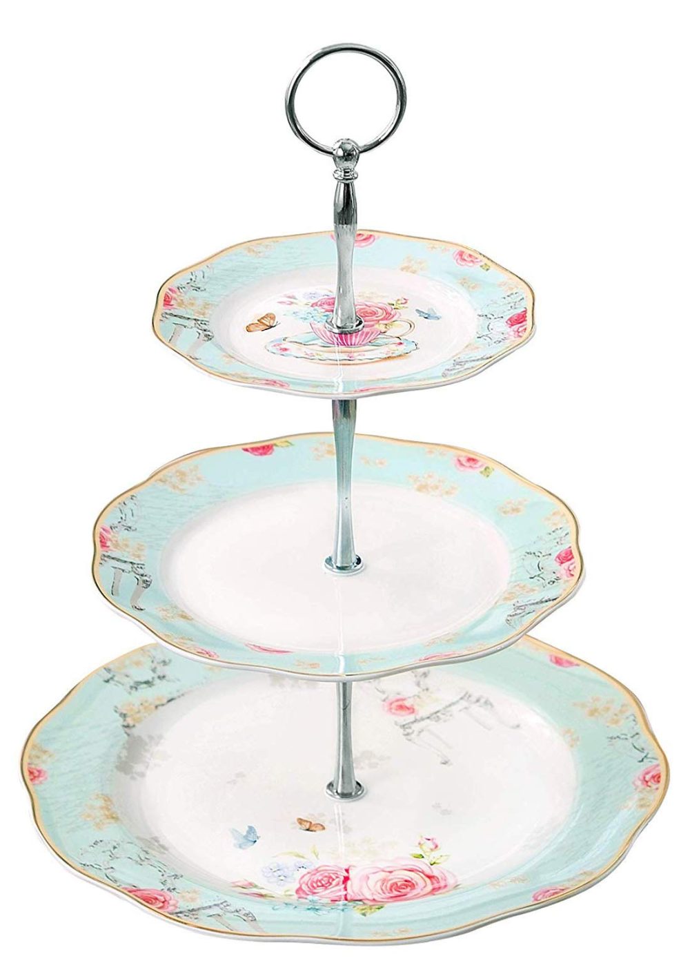 YBK Tech Vintage 3 Tier Porcelain Cake Stand Dessert Display Stand Cakes Platter Food Rack (Light Blue)