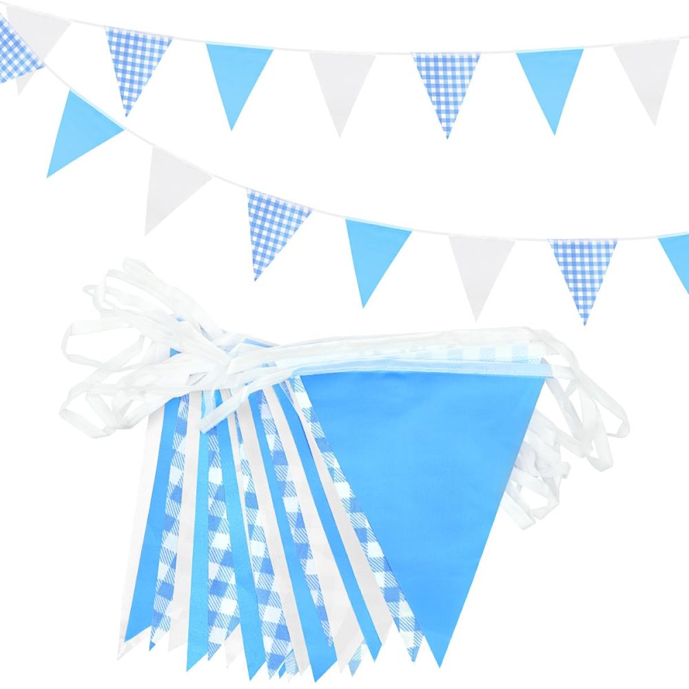 20m 52pcs Blue White Plaid Pennant Bunting,16×22cm Polyester Fabric Reusable Triangle Flags Banner for Indoor Outdoor Birthday Kid Party Decorations