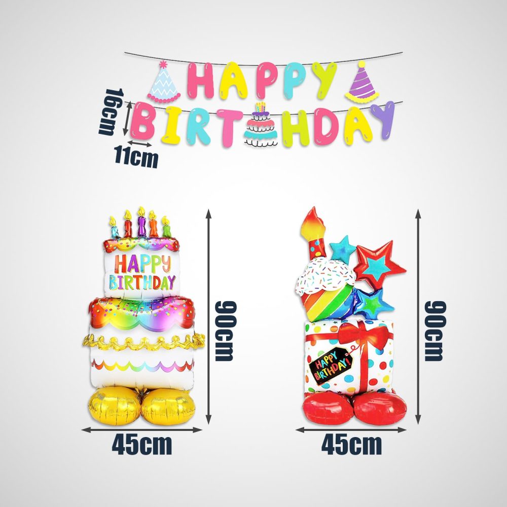 2 Pieces Gift and Cake Standing Balloons with 1 Piece Pull Flag, Inflatable Gift, Helium Balloon Happy Birthday Decoration, Aluminum Foil Balloon, Suitable for Children and Adults - Image 6