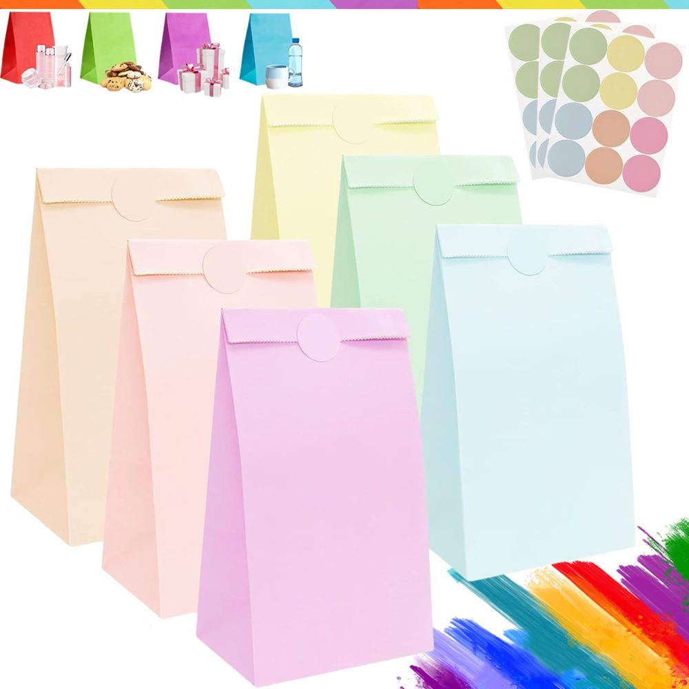 30Pcs Pastel Paper Party Bags for Kids,Adult Party,Macaron Small Party Favour Bags Gifts Sweets Bags Kids Birthday Bags,Flat Bottom Kraft Paper Bag with 36 Stickers for Presents,Xmas,Wedding,Hen Party