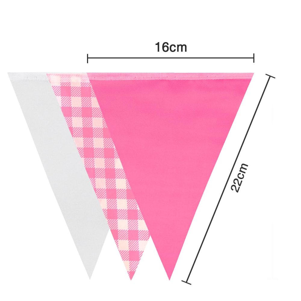 20m 52pcs Pink White Plaid Pennant Bunting,16×22cm Polyester Fabric Reusable Triangle Flags Banner for Indoor Outdoor Birthday Kid Party Decorations - Image 5