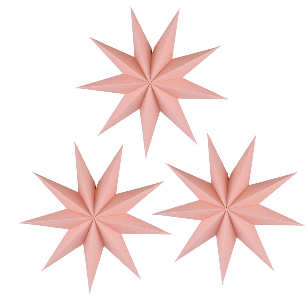 CAMILIFE 3 Pieces 9 Pointed Paper Star Lanterns 12 Inch 15D Paper Hanging Christmas Decorations Wedding Birthday Baby Shower Room Christmas Ornaments Party Supplies(Pink)