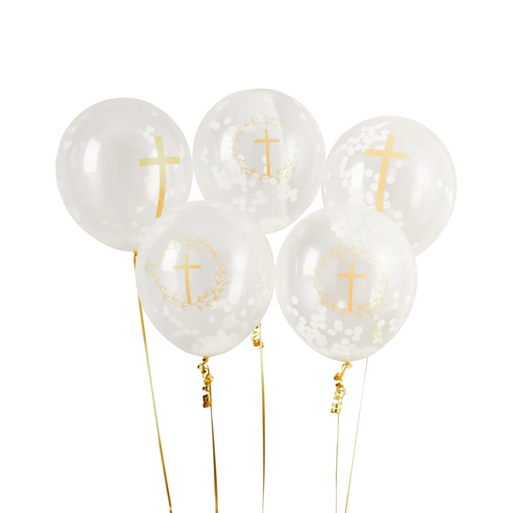 Christening Cross Confetti Filled Latex 12" Balloons Communion 5 Pack