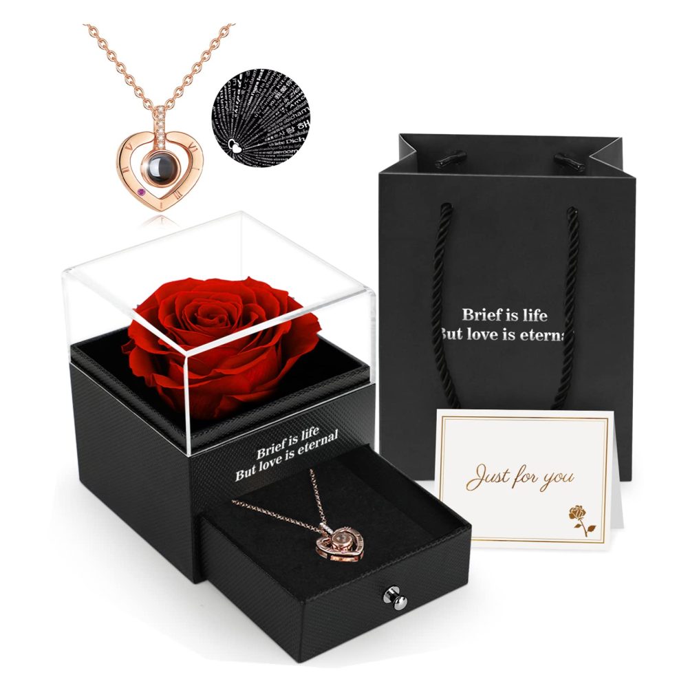 Preserved Real Rose, Gift Box with I Love You Necklace, Handmade Eternal Flower Gifts for Her Woman Wife Girlfriend on Birthday, Anniversary, Valentine's Day, Mother's Day, Christmas