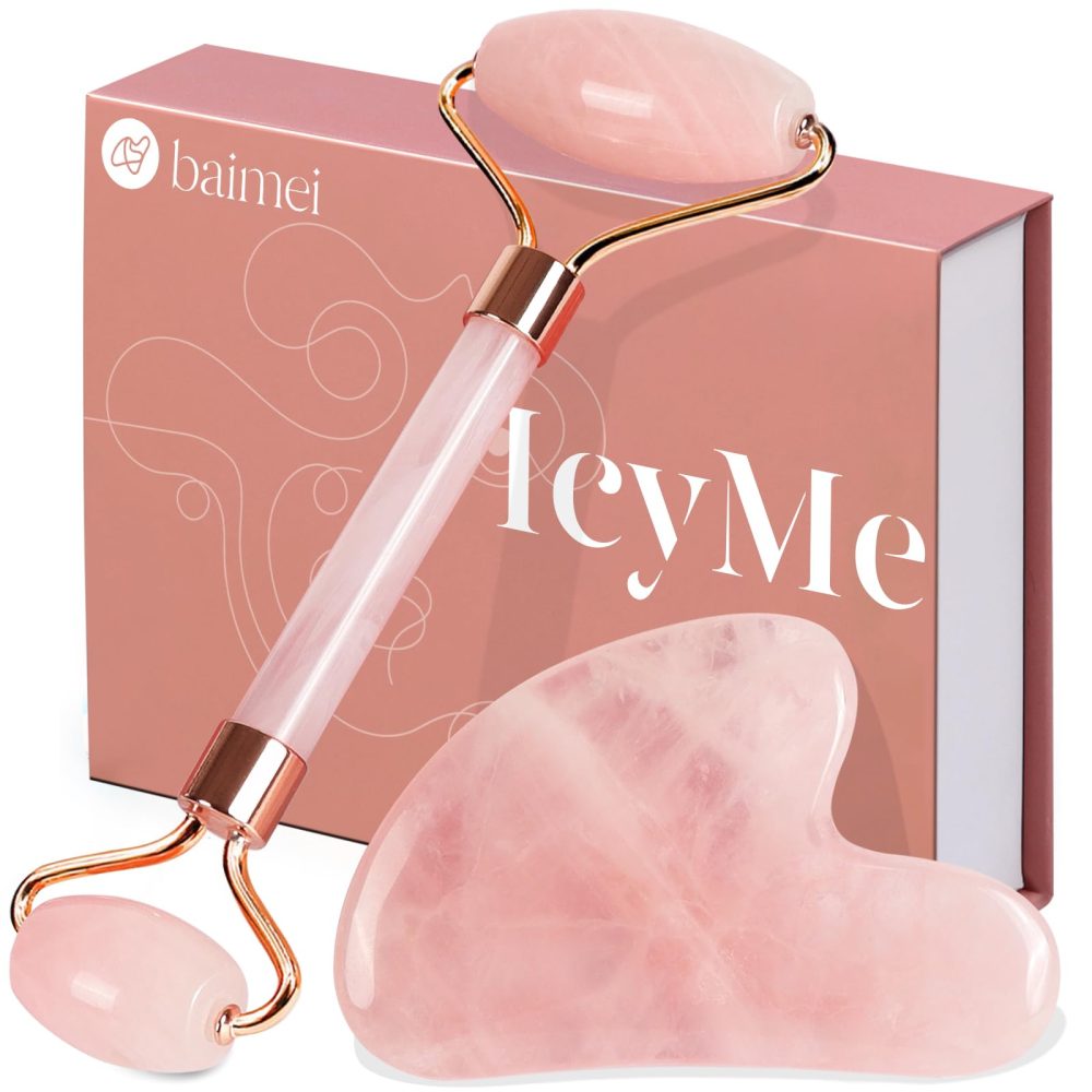 BAIMEI Gua Sha & Jade Roller,Gua Sha Stone, Guasha Tool face, Self Care Gift for Women and Men, Massager for Face, Eyes, Neck, Face Care, Christmas Day Gift - Rose Quartz