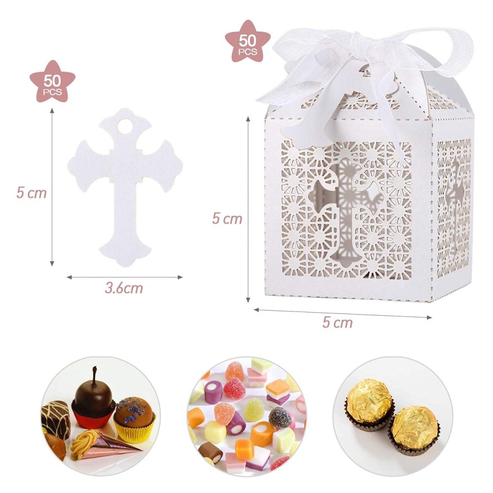 LIHAO 50 PCS Candy Treat Box First Communion Christening Decorations Baptism Favor Boxes Laser Cut Boxes Hollow Cross Favor Gift Box with Ribbons for Wedding Baby Christening Shower Christmas Party - Image 7