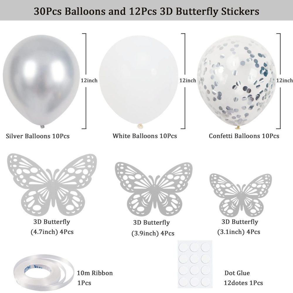 Silver Balloons and Butterfly Stickers Set, 30 PCS 12 Inch Confetti Balloons, White and Silver Balloons with 12 PCS Silver Butterfly Stickers for Wedding, Birthday, Party Decorations - Image 6