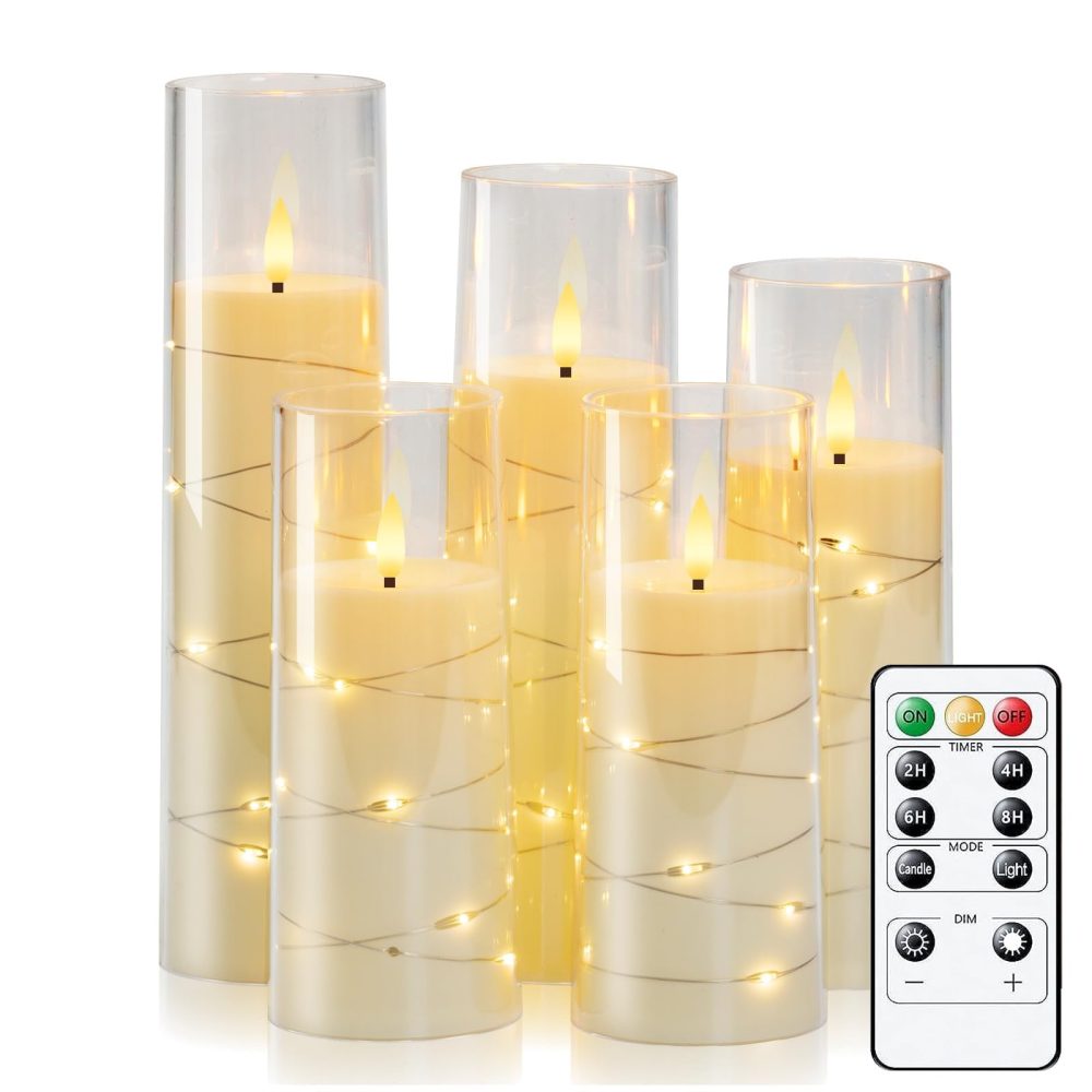 Homemory Flickering Flameless Candles with String Lights, Battery Operated Candles with Remote Control and Timer, Embedded Fairy Lights LED Candles, Acrylic, Home Decoration, White, Set of 5