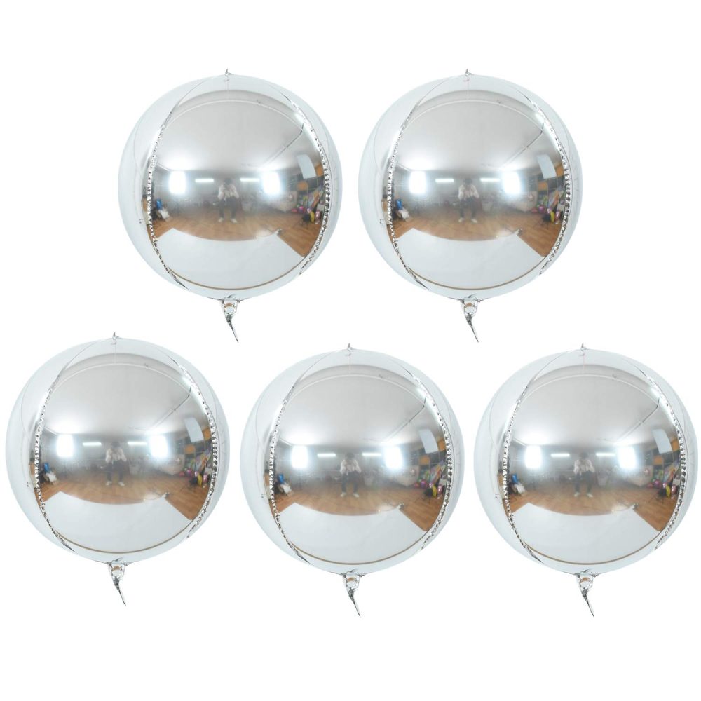 TONIFUL 5pcs Hangable Silver 4D Round Sphere Foil Mylar Balloon 22inch Large Aluminum Film Balloon Silver Mirror Metallic for Christmas New Year Birthday Party Wedding Baby Shower Decoration Supplies