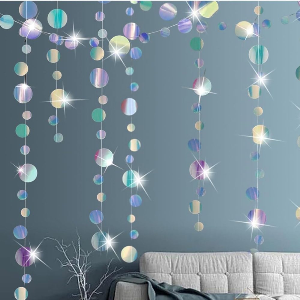 52Ft Iridescent Circle Dot Streamer Garland Decoration,Rainbow Twinkle Paper Banner Backdrop for Party Decoration - Image 2