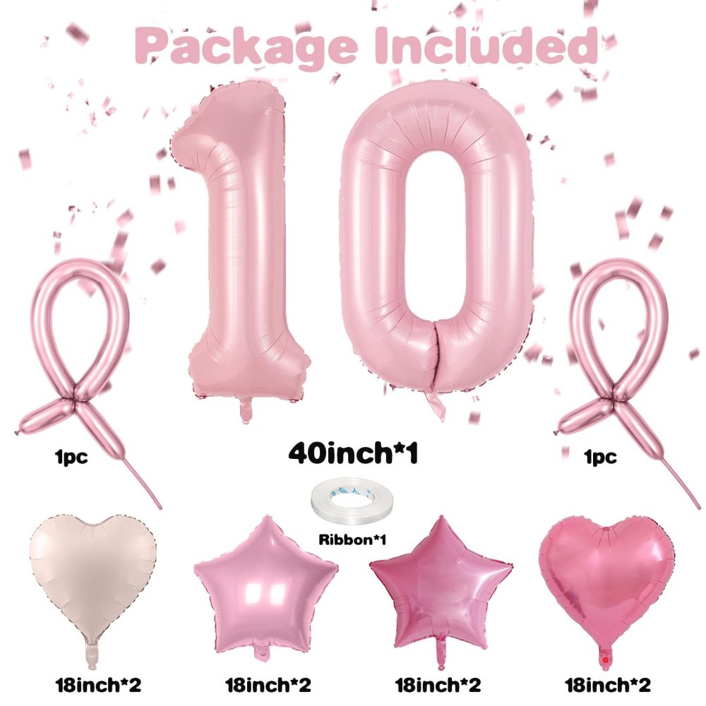 Pastel Pink 10 Balloons, Baby Pink 10 Number Balloons, Pink Number 10 Balloons Set, Pink Foil Star Heart Balloons With Long Balloons For Gilrs Woman 10th Birthday Party 1st Baby Shower Decor - Image 7