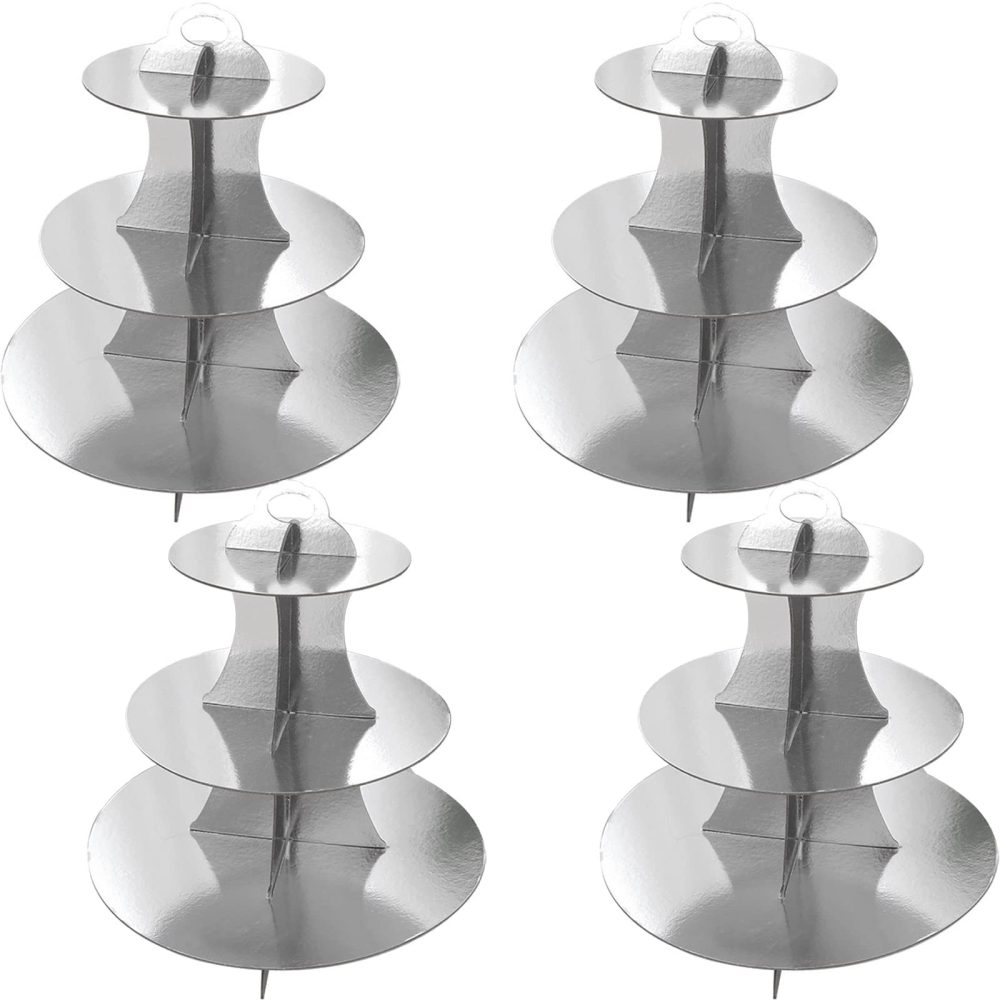 WUWEOT 4 Pack Round Cardboard Cupcake Stand, 3-Tier Silver Cupcake Holder Dessert Tower for 24 Cupcakes, Perfect for Wedding, Birthday Party, Baby Shower and Graduation