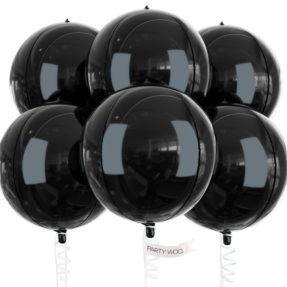 PartyWoo Black Balloons, 6 pcs Black Birthday Decorations, 22 inch Giant 4D Foil Balloons and Ribbon, Large Mylar Balloons, Metallic Black Balloons for Retirement Party Decorations, Wedding