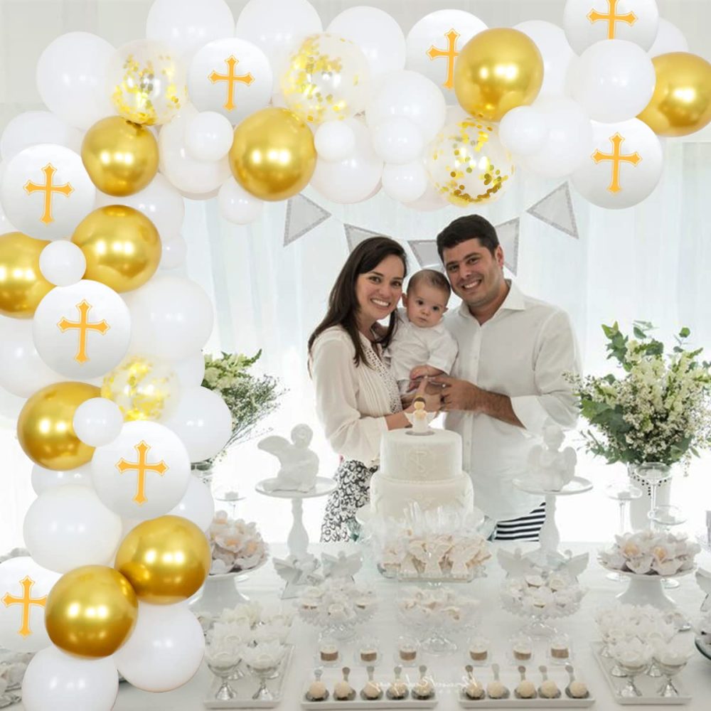 Baptism Party Decorations White and Gold First Holy Communion Decorations for Boys Girls Balloon Garland Kit with Rustic Wood Backdrop, God Bless Christening Decorations for Party - Image 3