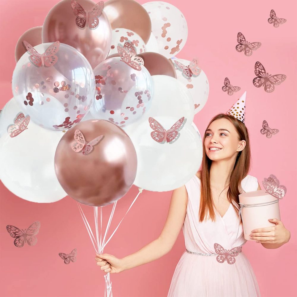 Rose Gold Balloons and Butterfly Stickers Set, 30 PCS 12 Inch Confetti Balloons, White and Rose Gold Balloons with 12 PCS Rose Gold Butterfly Stickers for Wedding, Birthday, Party Decorations - Image 3