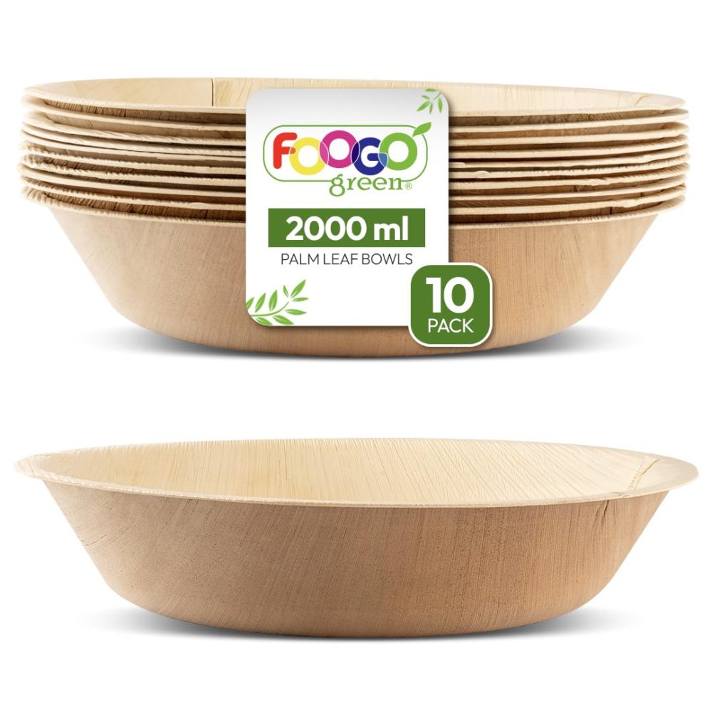 FOOGO Green 10 Disposable Palm Leaf Serving Bowls, 12"(30cm), 67.6oz (2000ml), Party Salad Bowls, Deep Round, Biodegradable Compostable, Wedding Party Bowls, Wooden Bowls, Bamboo Bowls, Paper Bowls