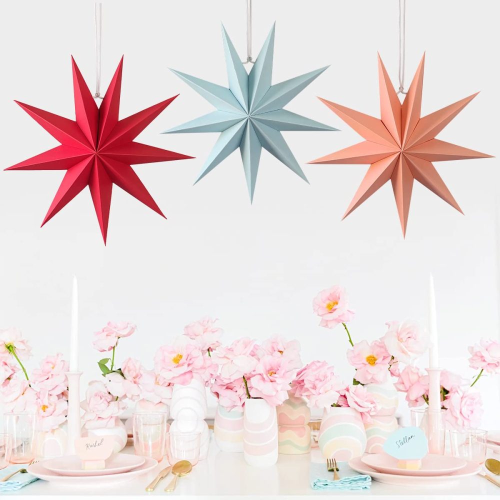 CAMILIFE 3 Pieces 9 Pointed Paper Star Lanterns 12 Inch 15D Paper Hanging Christmas Decorations Wedding Birthday Baby Shower Room Christmas Ornaments Party Supplies(Pink) - Image 4