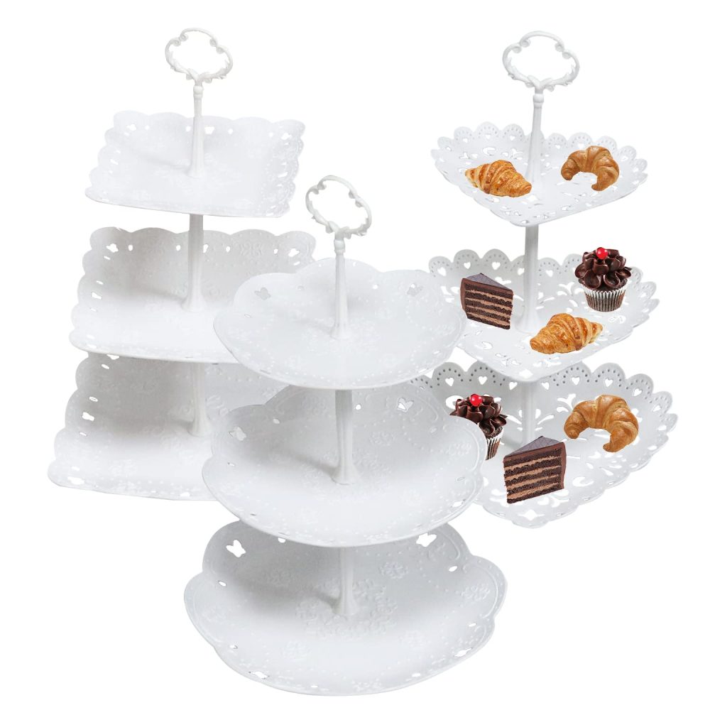 Quanerba (3 Pack 3 Tiers Cake Display Stand, Cake Display, Reusable Fruit Dessert Candy Buffet Tea Cookies Door For Baptism Baby Birth Blue Communion Wedding Graduation