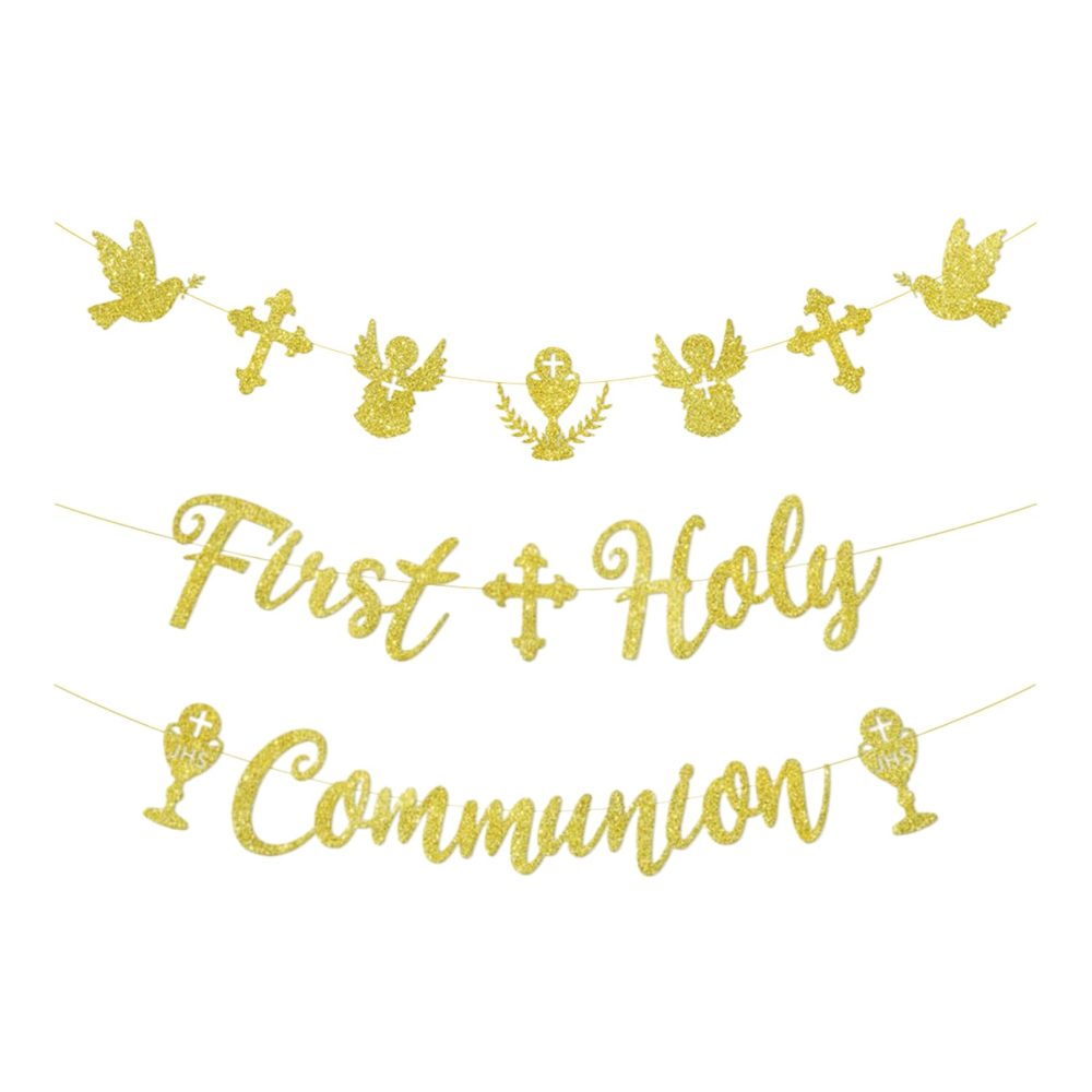 3 First Holy Communion Decorations banner,Confirmation Banners Baptism Decoration Christening for Boys Girls Bunting Gifts,Personalised Gold Frist Communion Paper Banne,for Balloons Cake Party Decor