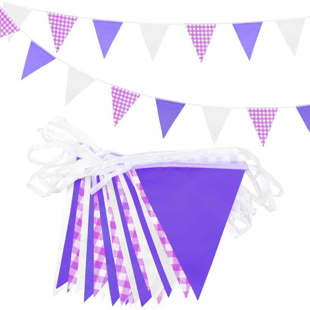 20m 52pcs Purple White Plaid Pennant Bunting,16×22cm Polyester Fabric Reusable Triangle Flags Banner for Indoor Outdoor Birthday Kid Party Decorations