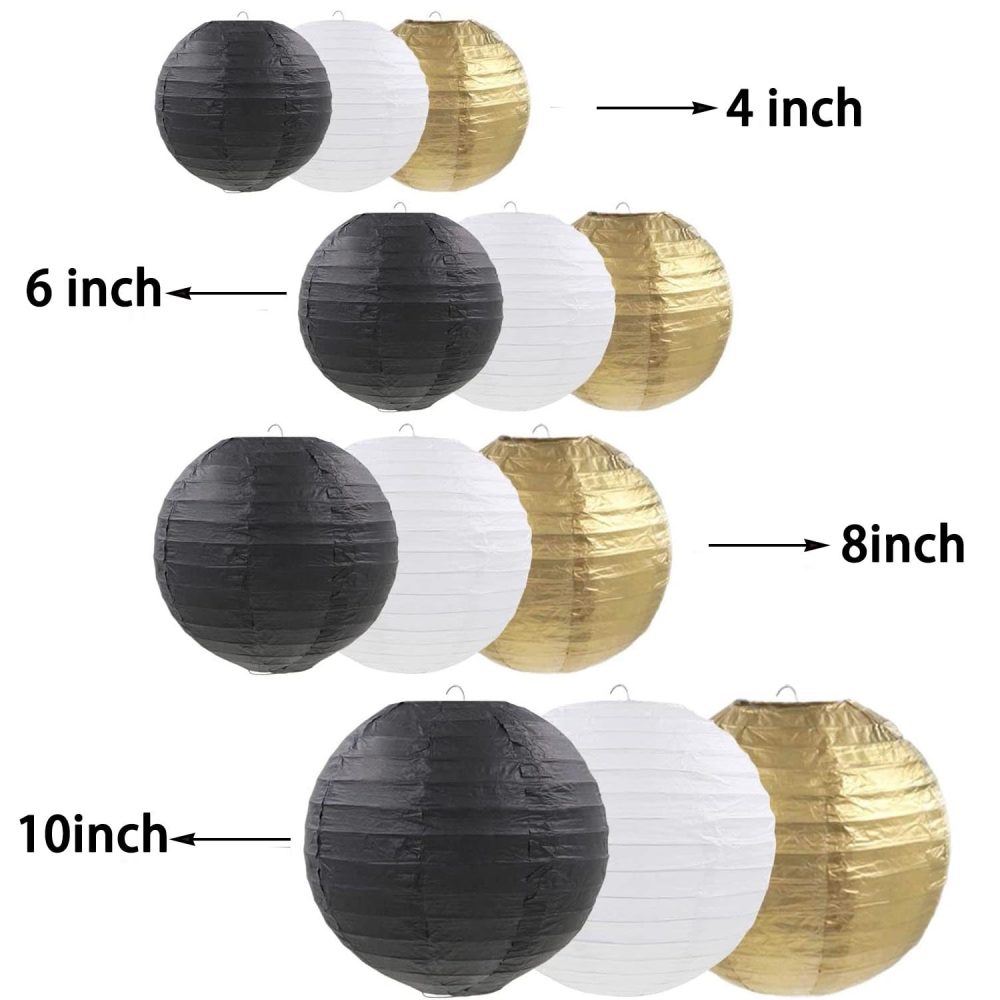 12pcs Black Gold White Paper Lanterns,Round Hanging Paper Lampshade,Birthday,Baby Shower,Wedding,Party,Ceiling Decoration（4" 6" 8" 10" ） - Image 4