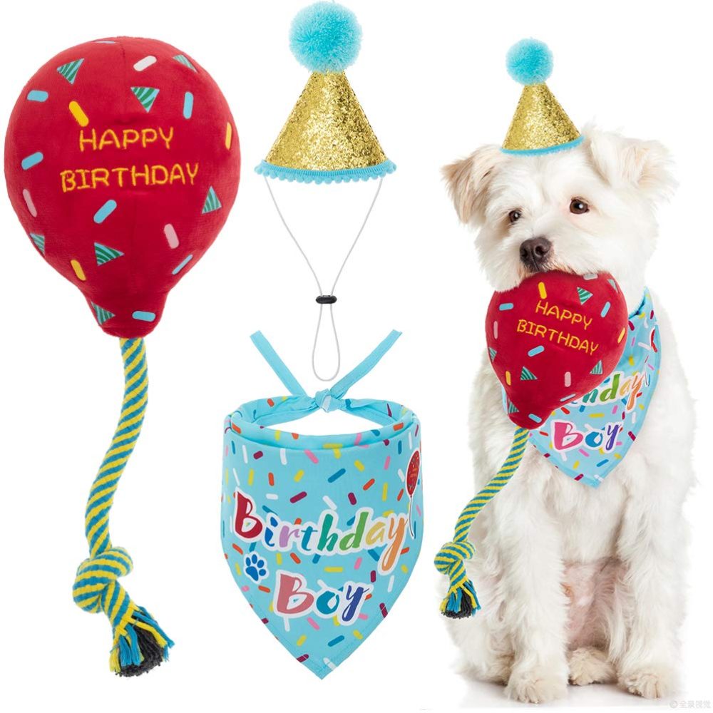 KOOLTAIL Dog Birthday Bandana Hat Balloon Plush Toy Set, Cute Pet Happy Birthday Accessory Puppy Chew Toy for Dogs Cats Puppies